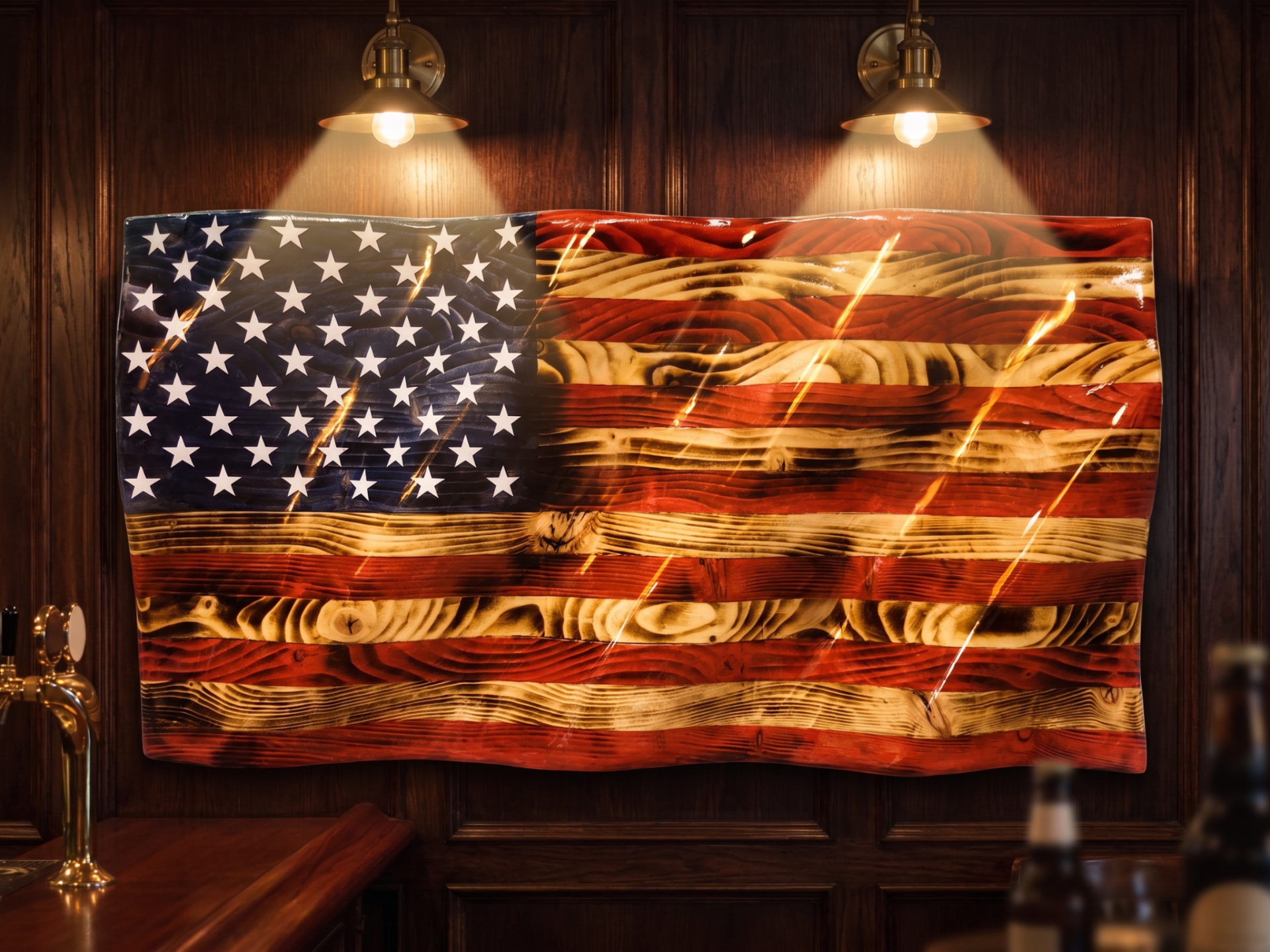 wavy wood american flag with fireworks in the background
