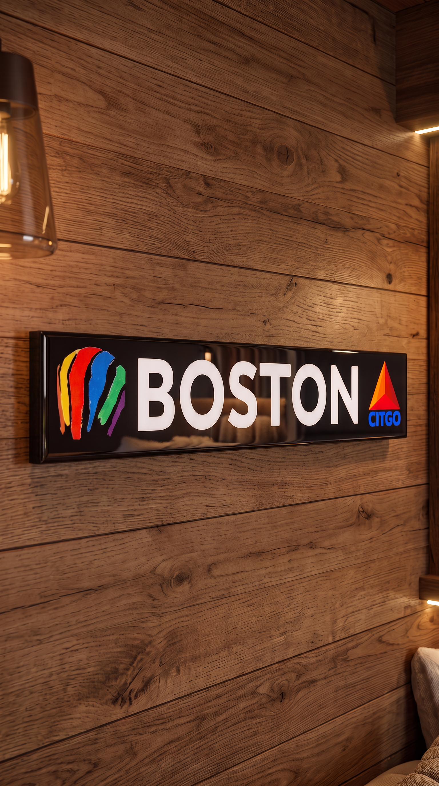 boston celtics wood sign sitting on the parquet floor