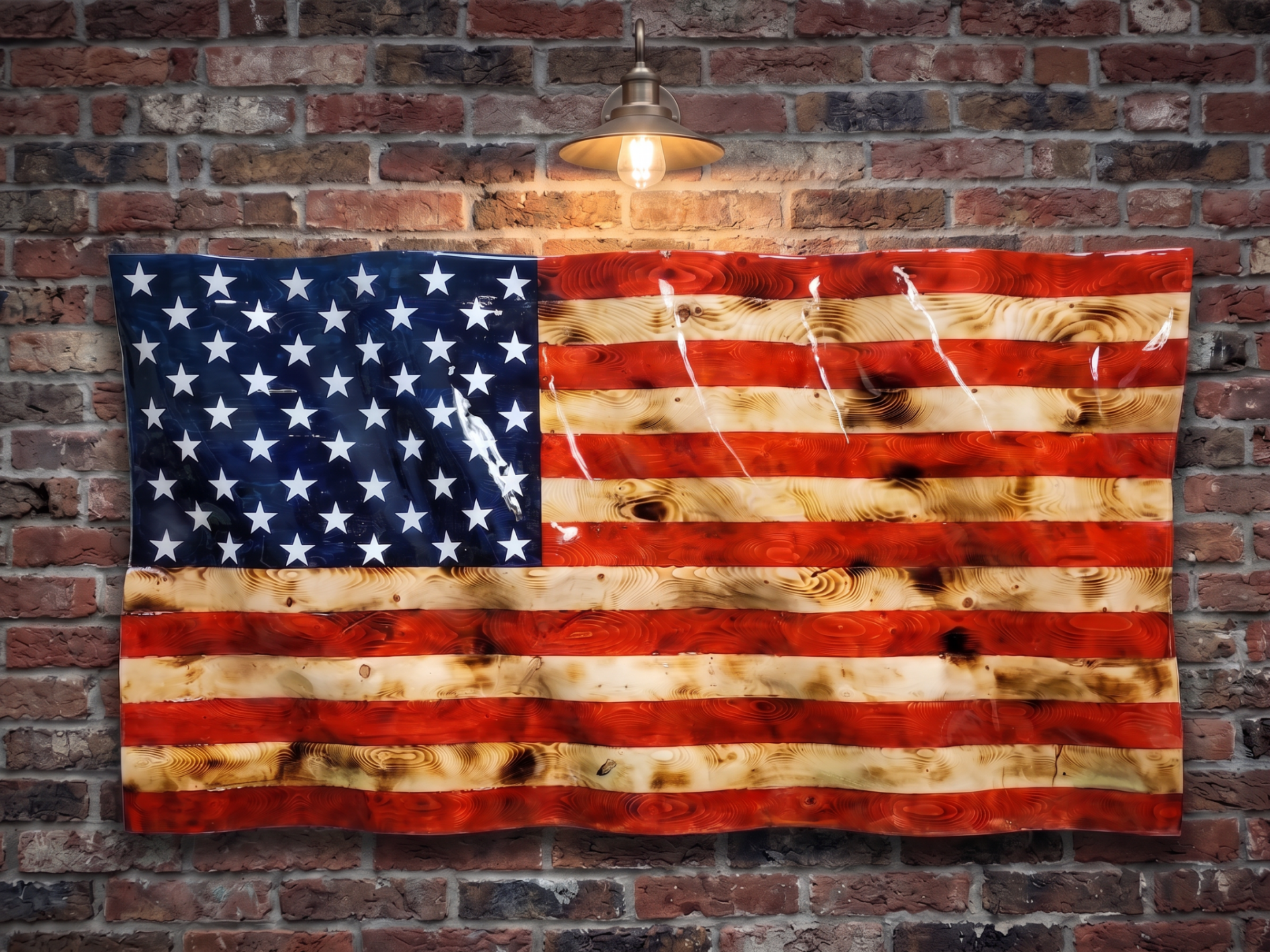 wavy wood american flag on porch next to dog