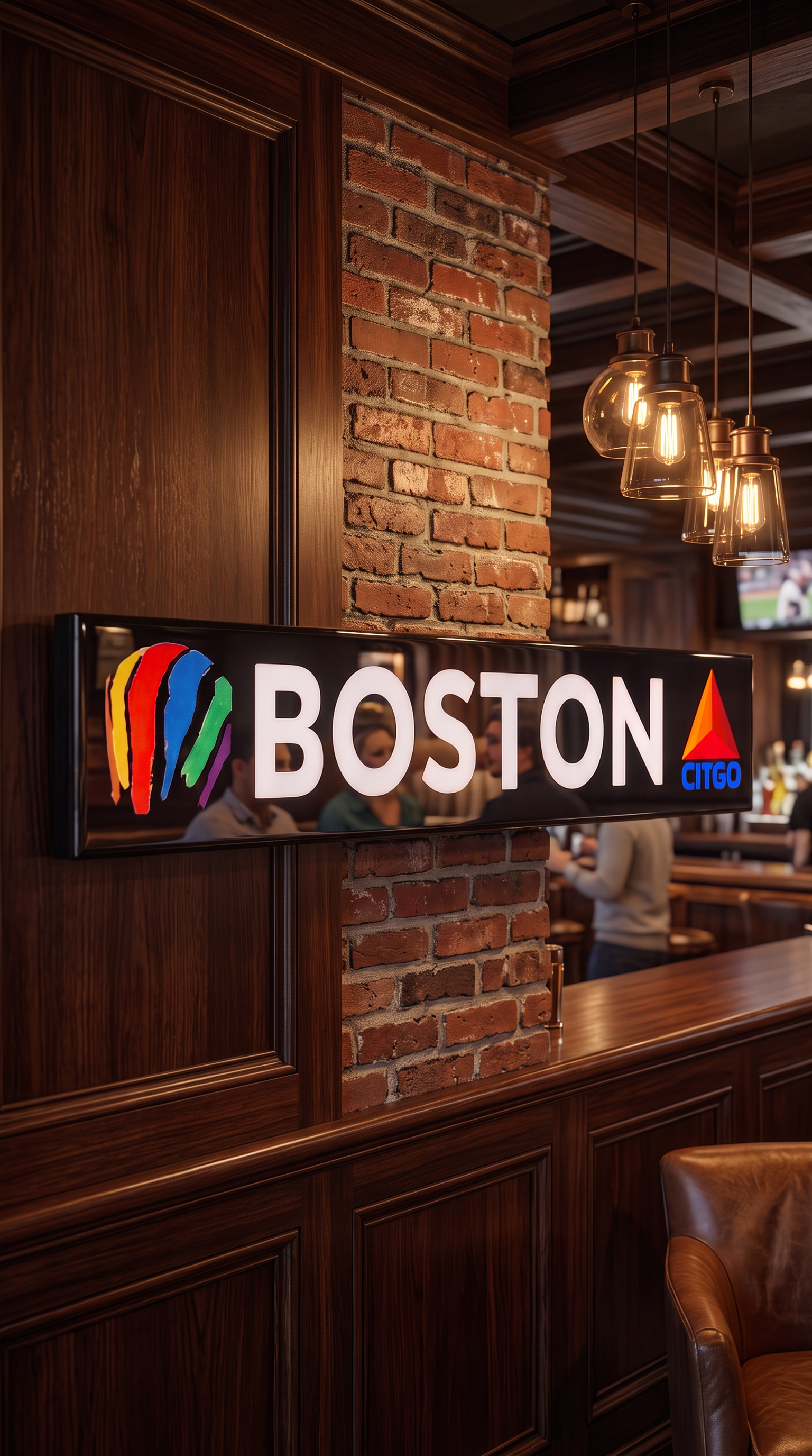 boston celtics wood sign hanging in bar on brick wall with pint of guinness below