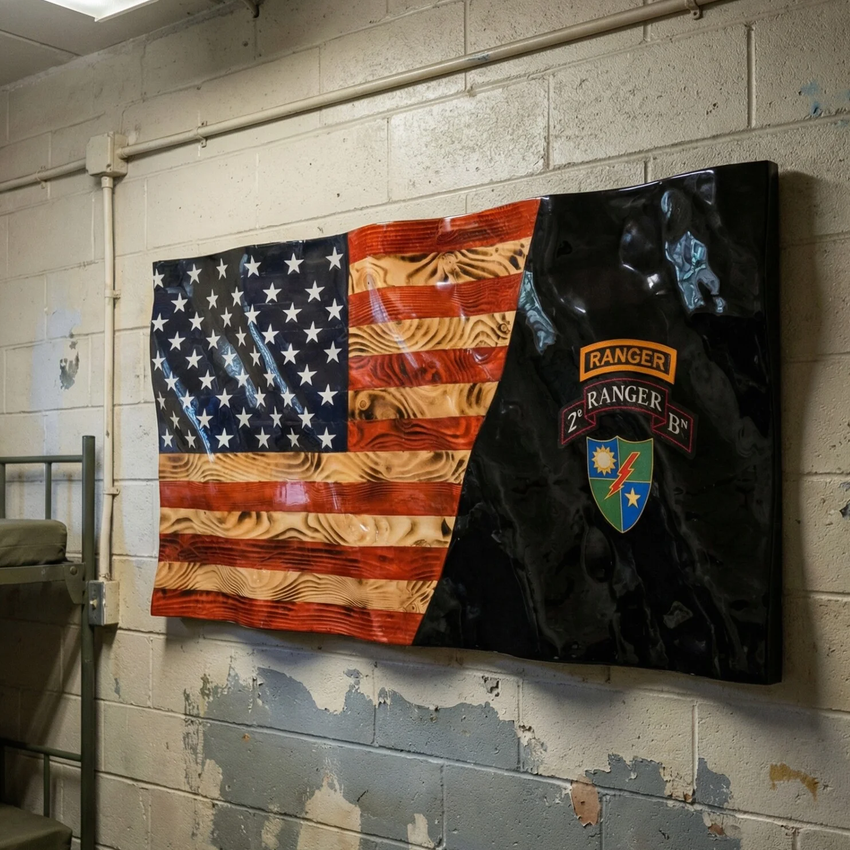 custom wood wavy flag hanging on barracks wall with company logo