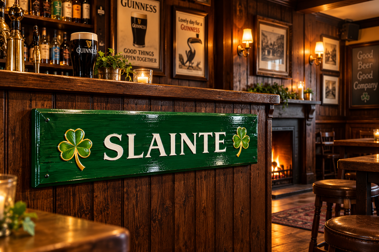 wooden slainte sign hanging ofn side of bar wall