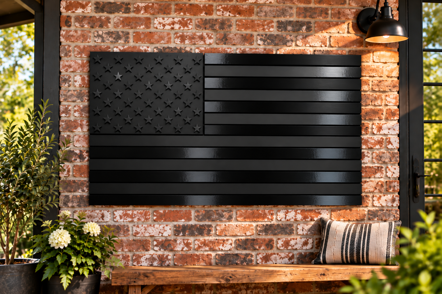 wooden blacked out american flag hanging on pub wall