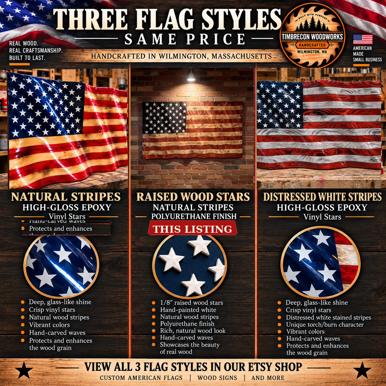 wavy wood american flag side view on wall in country