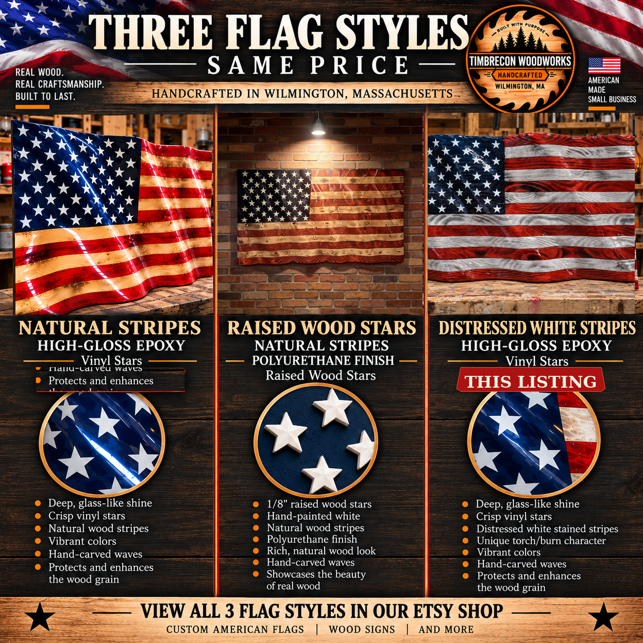 wavy wood american flag on workshop bench