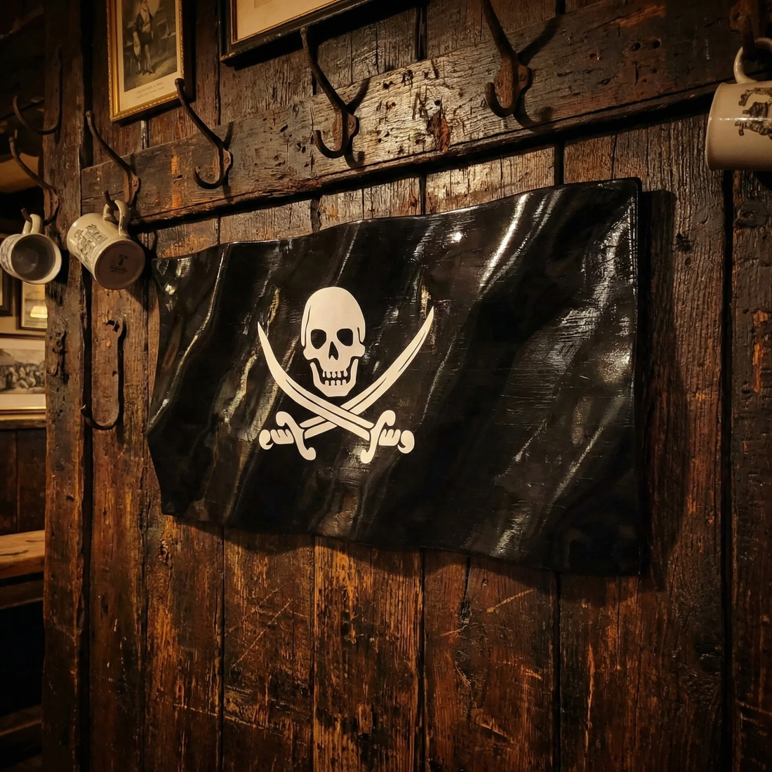 wavy wood jolly roger flag with skull and crossbones and epoxy finish
