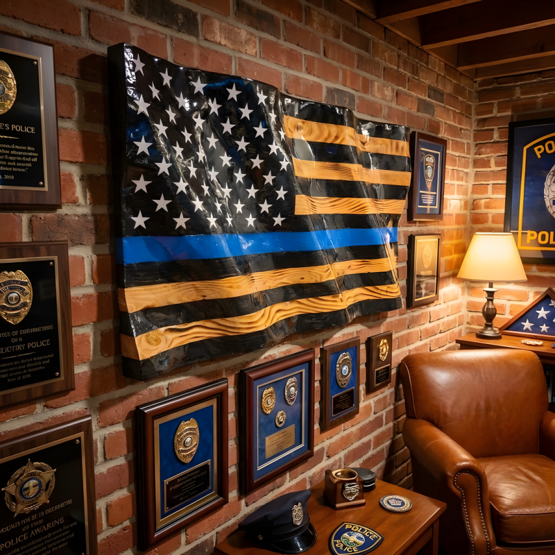 wavy wood thin blue line flag hanging on a den wall