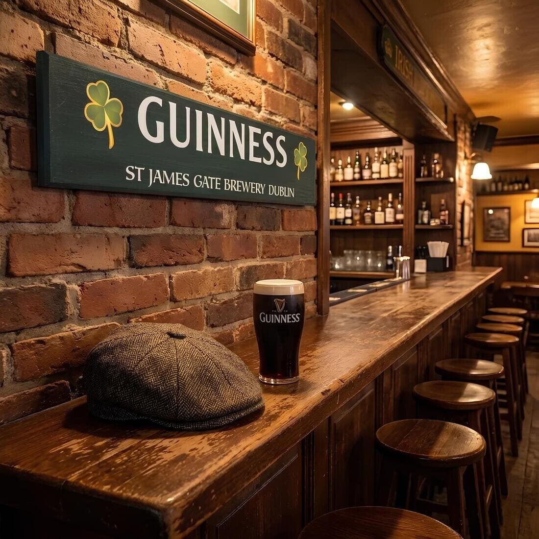 wood guinness sign hanging on pub wall with a scally cap and a pint of guinness below on table