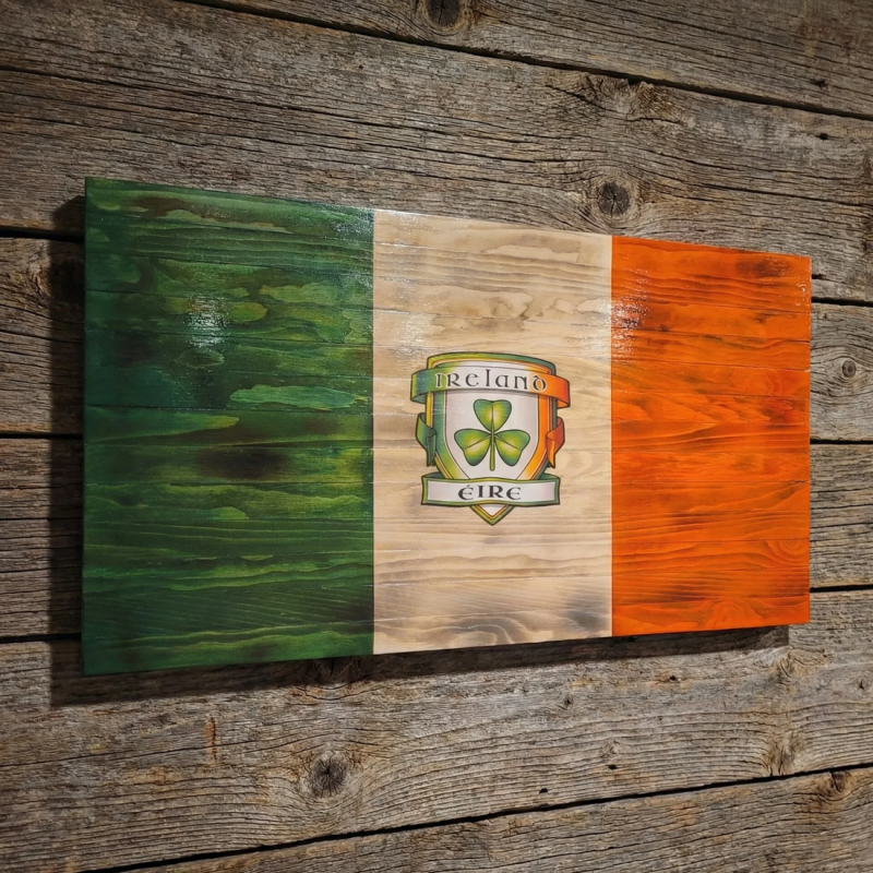 flat wooden irish flag handcrafted with stained green, white, and orange stripes