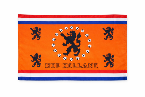 Oranje Supportersvlag “Hup Holland” – 100×70 cm – Leeuw & Voetbaldesign