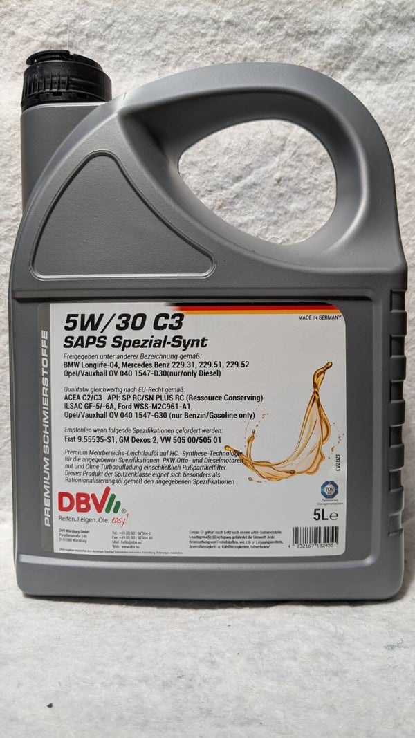 2 x 5Liter DBV 5W/30 SAPS RUSSPARTIKELFILTERÖL C3 FÜR BMW, MB, OPEL DEXOS 2, VW-PDI