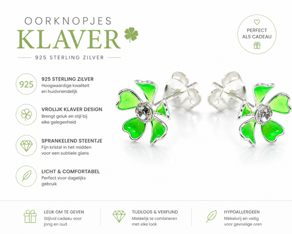 925 Zilveren Oorknopjes Klaver – Lichtgroen met Zirkonia Ø8 mm