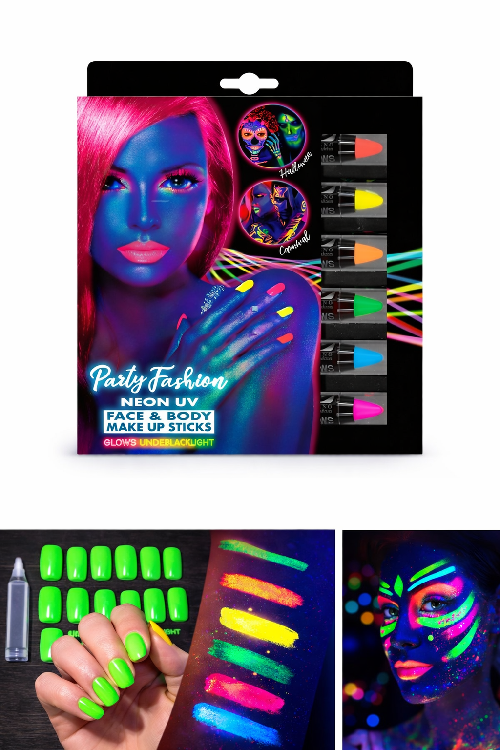 Neon UV Face & Body Make-up Sticks – Glow in the Dark Party Make-up
