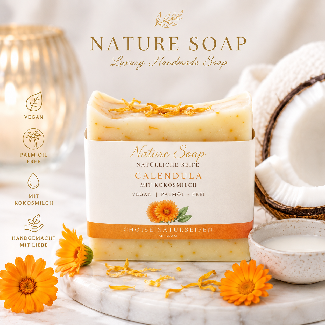 Natuurlijke Zeep “Calendula” met Kokosmelk – Luxe Vegan Zeep Palmolievrij