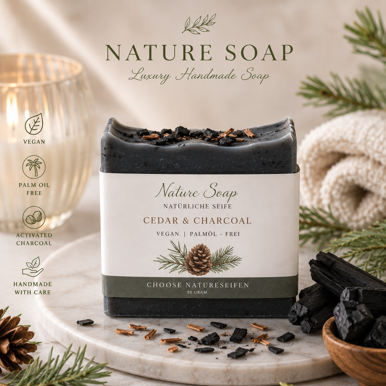 Natuurlijke Zeep “Cedar & Charcoal” – Luxe Vegan Zeep Palmolievrij