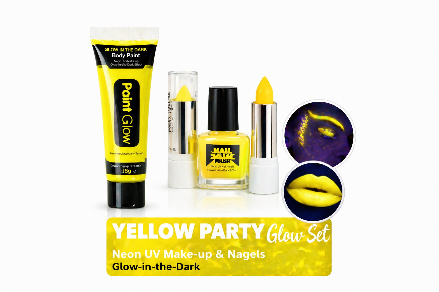 Yellow Party Glow Set – Neon UV Make-up & Nagels (Glow in the Dark)