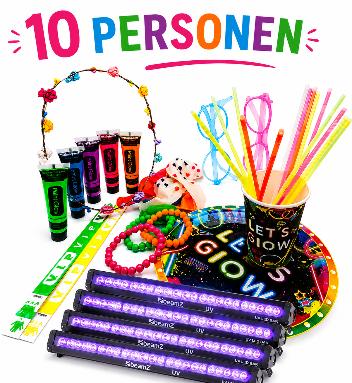 Neon Glow Party Set met UV Verlichting – Compleet Feestpakket voor 10 Personen