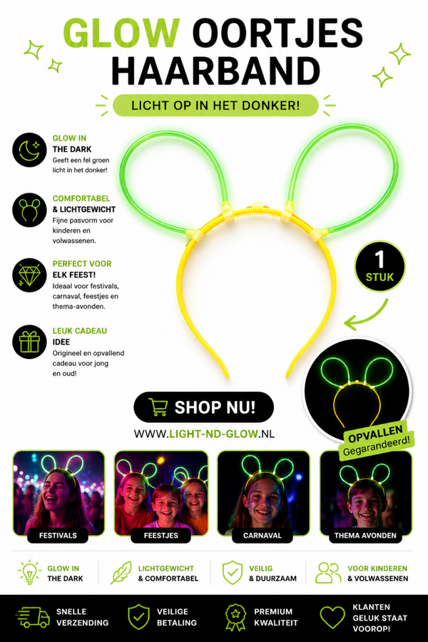 Glow Oortjes Haarband – Glow in the Dark Party Haarband