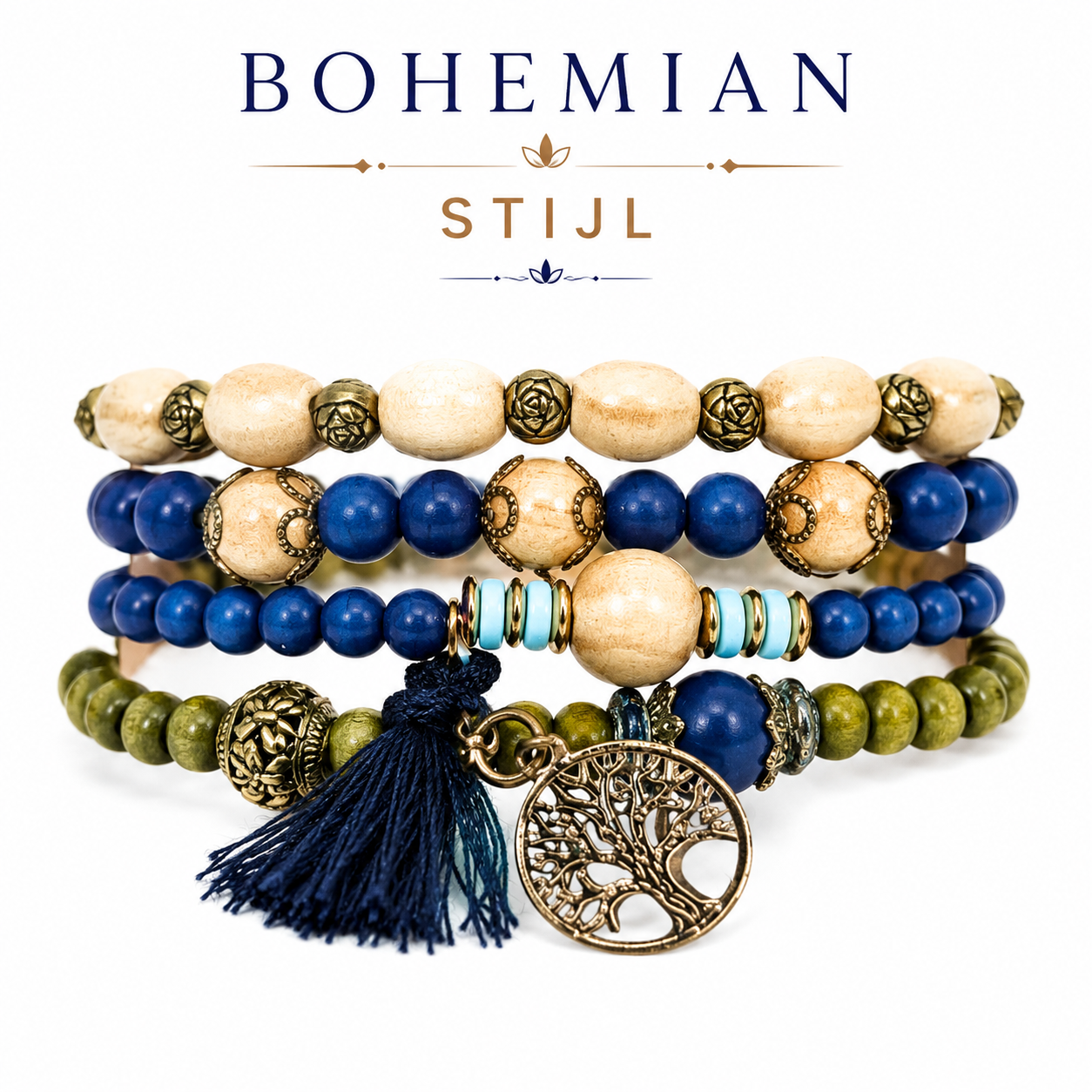 Set van 4 Bohemian Armbandjes – Levensboom Bedel – Stijlvolle Natuurlijke Look