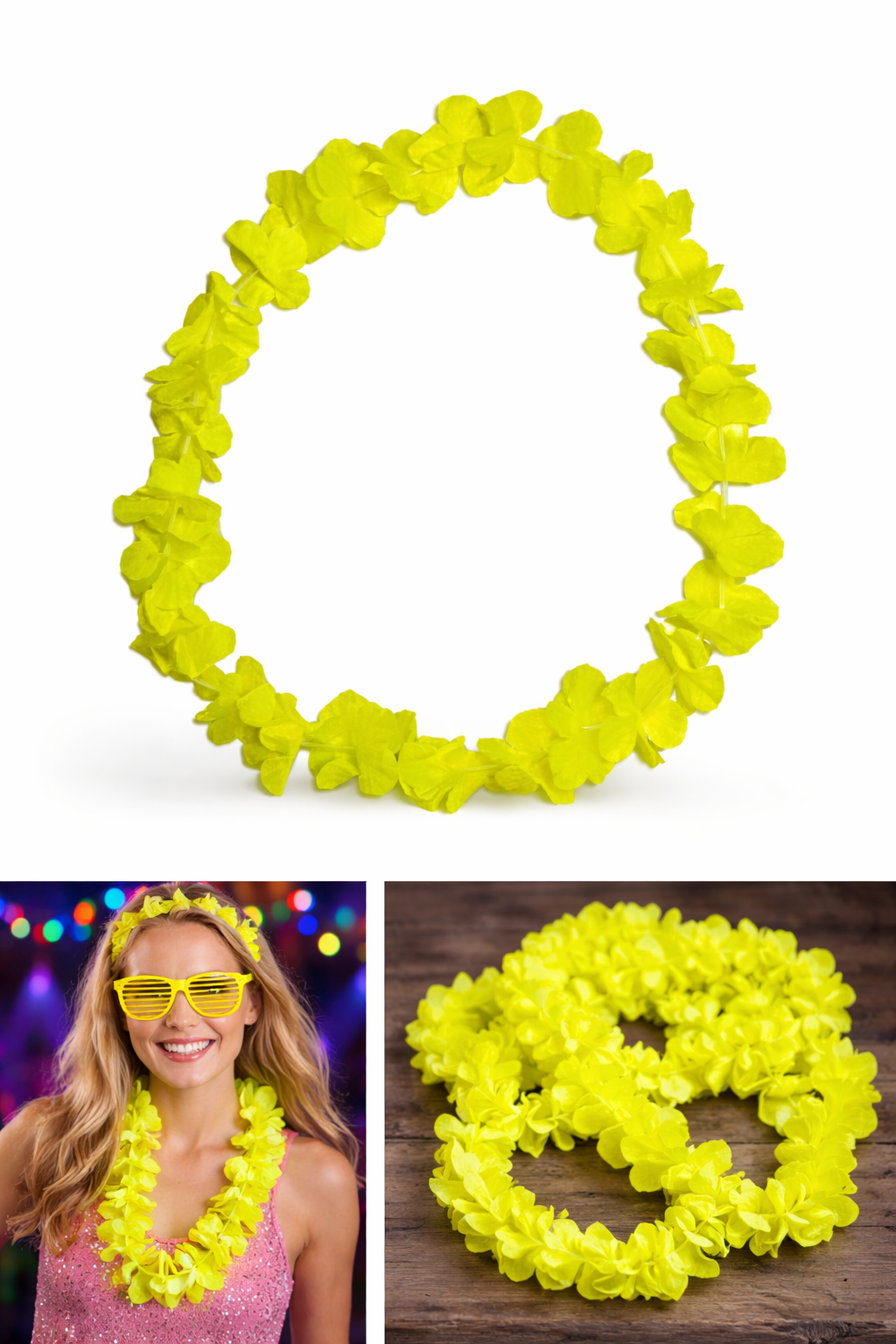 Tahitiaanse bloemenketting – FLUO NEON geel (60 mm)