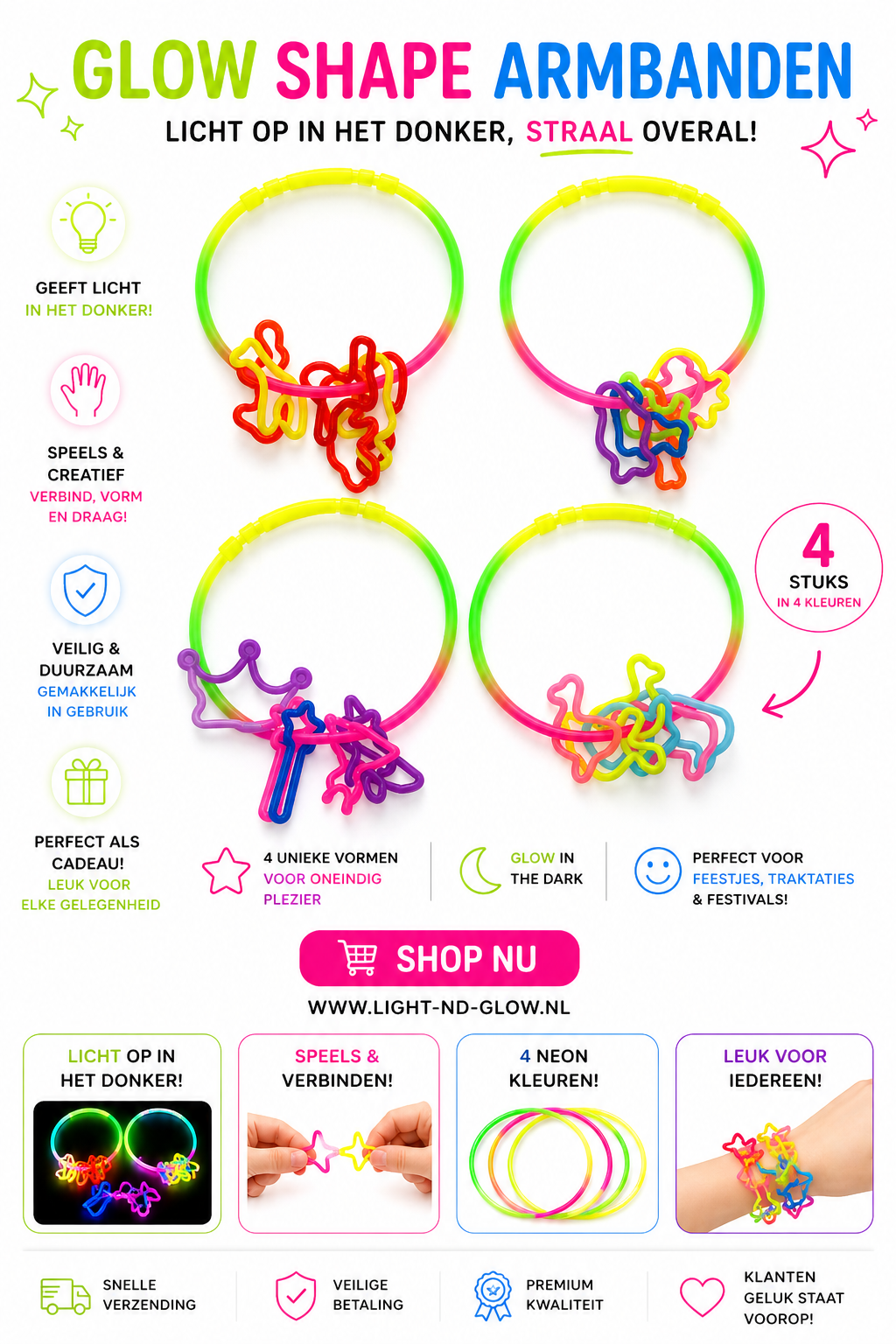 Glow Shape Armbanden – Neon Glow in the Dark Armbandjes (4 Stuks)