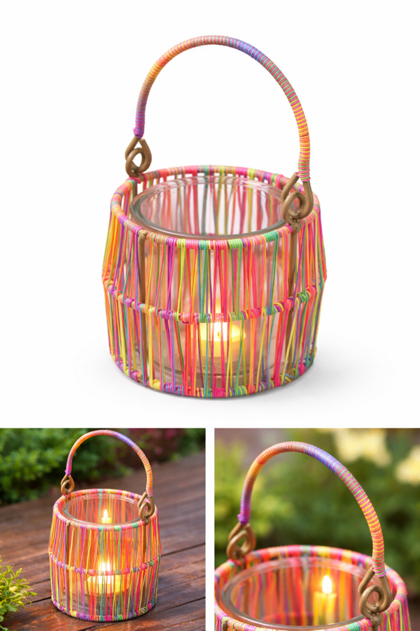 Draadlantaarn met glas – kleurrijk neon (D10 x H10 cm)