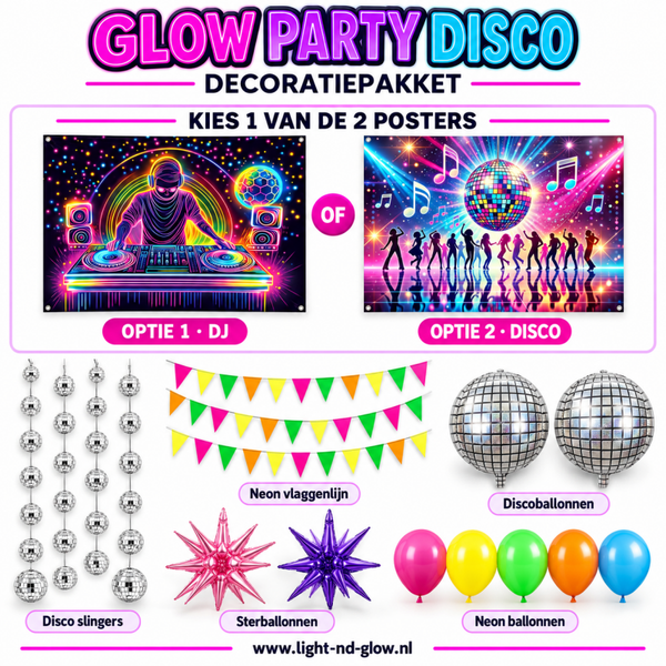 GLOW PARTY DISCO – Compleet decoratiepakket met DJ- of discobolposter