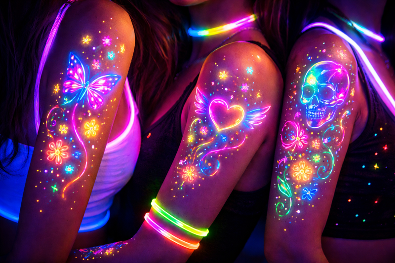 Glow tattoos en kleurrijke feestaccessoires