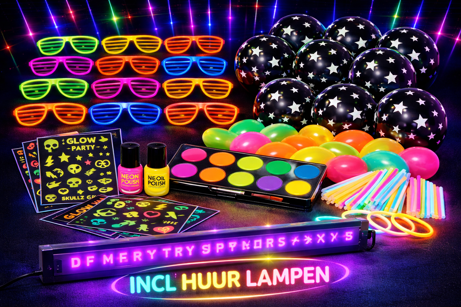🌈 Neon Party Set (tot 10 personen) inclusief ( HUUR ) verlichting