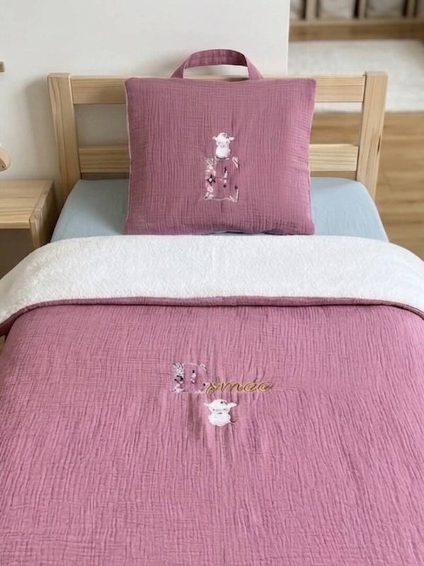 Kit sieste - Taie d'oreiller, Couverture & drap-housse (broderie de l'initiale fleurie OU du prénom incluse)