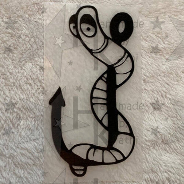 Bügelbild - Wurm am Haken (Angeln)