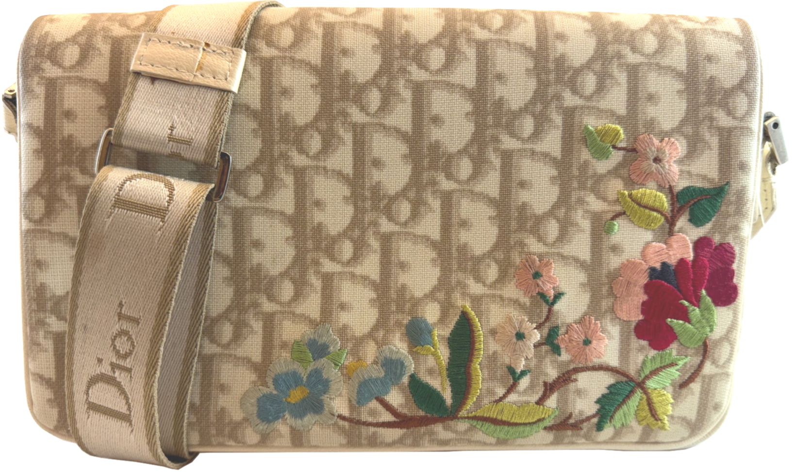 Dior Oblique Coated Canvas Floral Embroidered Crossbody Bag (Beige)