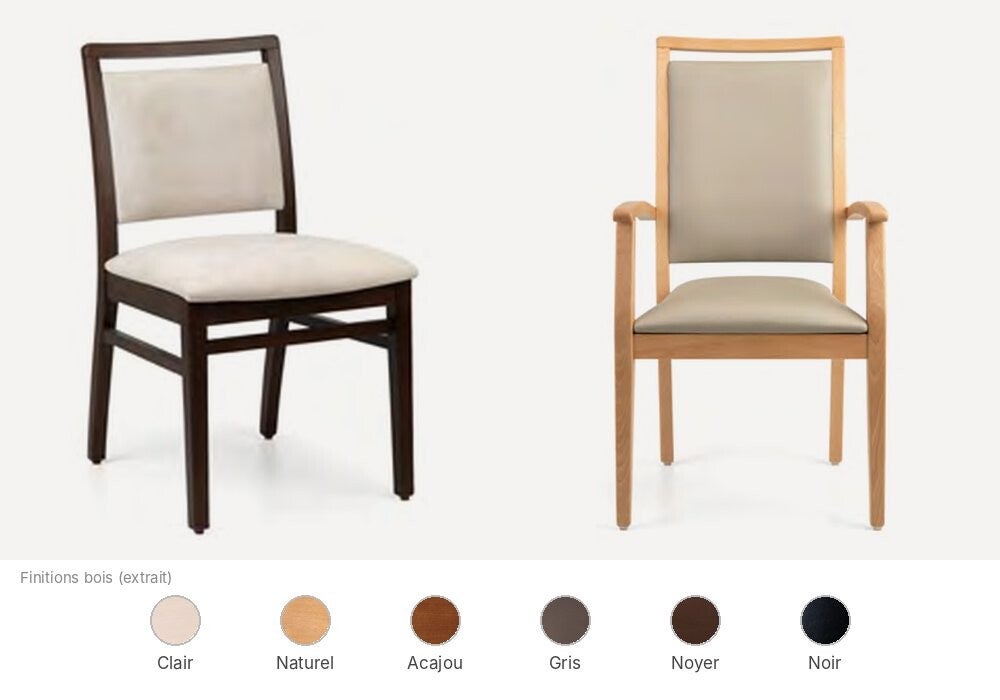 Chaise et fauteuil Fenabel Faro pour EHPAD, dossier haut avec poignée