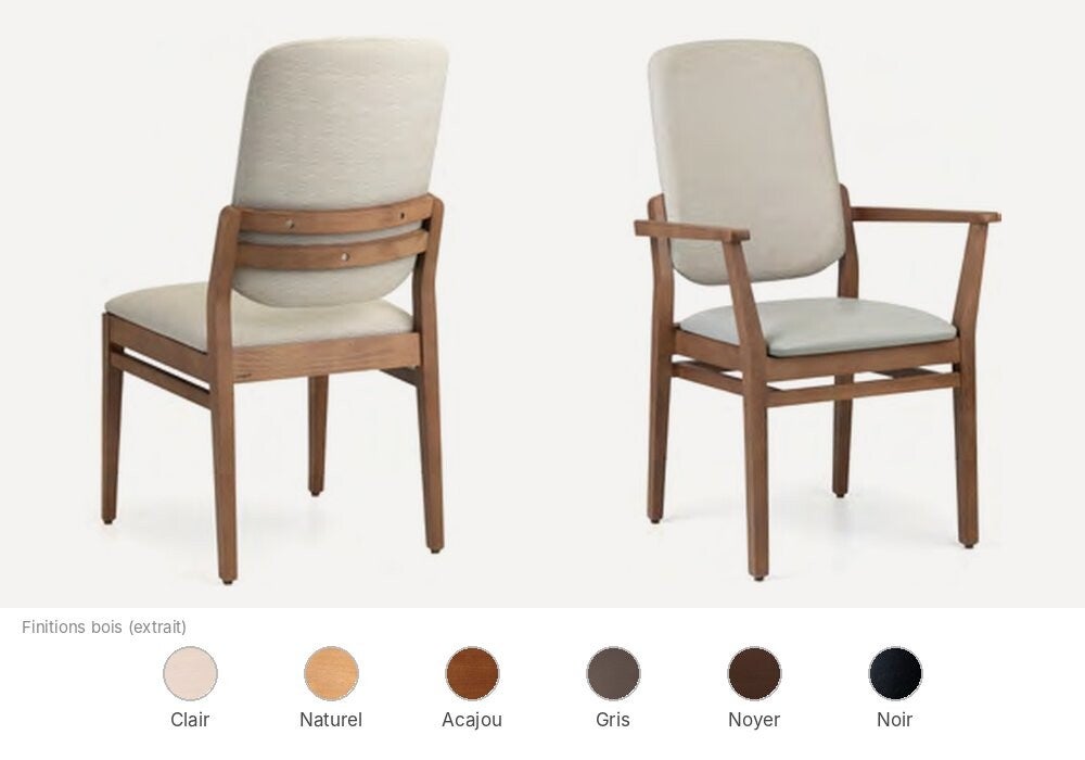 Chaise et fauteuil Fenabel Ines pour EHPAD, dossier ajouré et accoudoirs