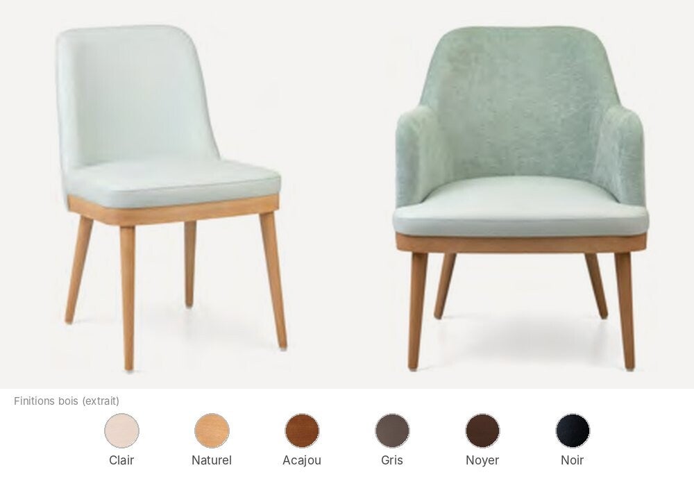 Chaise et fauteuil de restaurant Fenabel Kelly, pieds fuselés en bois clair