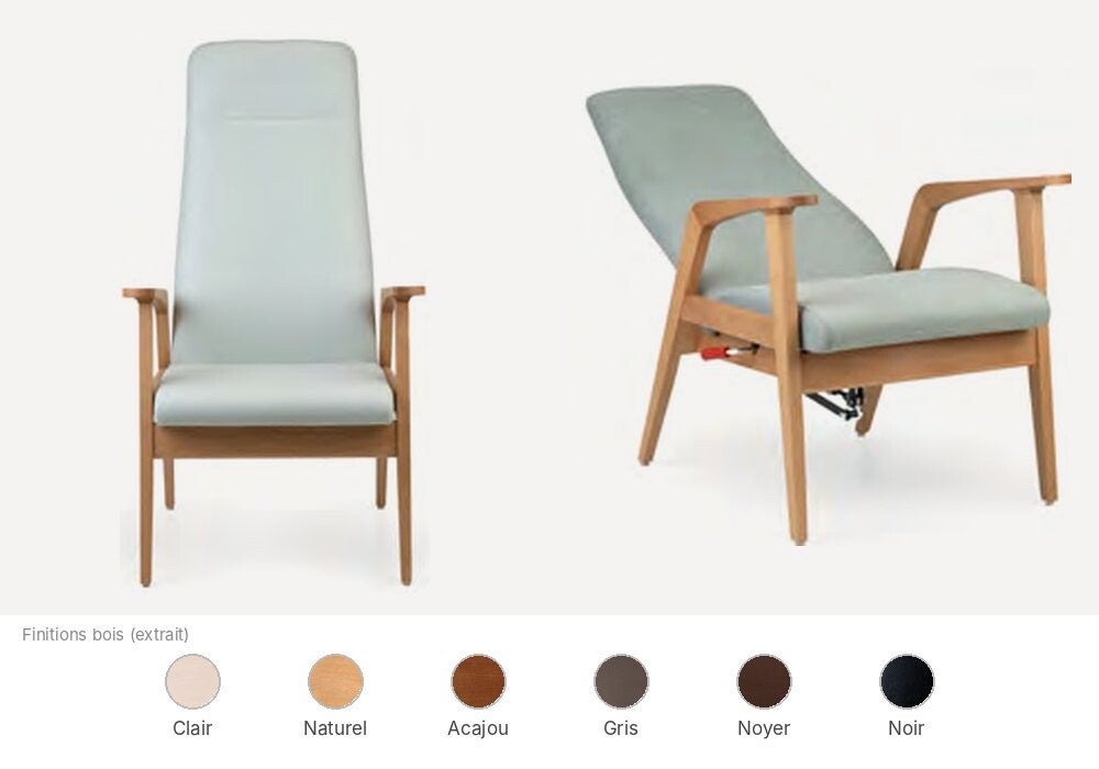 Fauteuil relax Fenabel Kyara pour EHPAD, dossier haut et structure bois