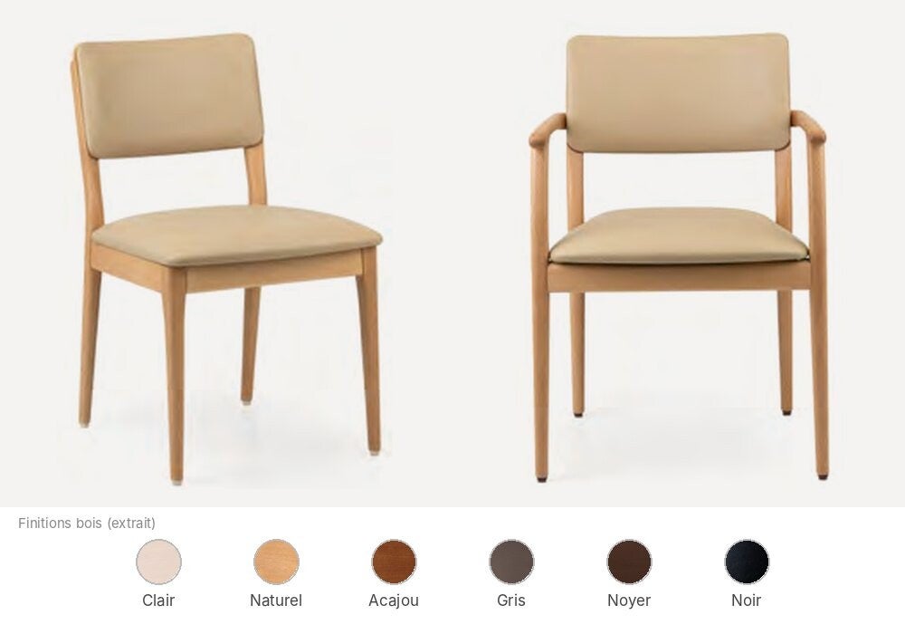 Chaise et fauteuil Fenabel Live pour EHPAD, bois et assise rembourrée