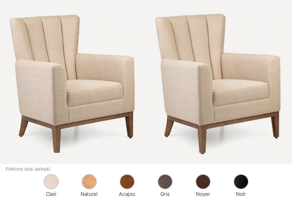 Fauteuil de salon Fenabel Madi pour EHPAD, dossier à côtes et pieds bois