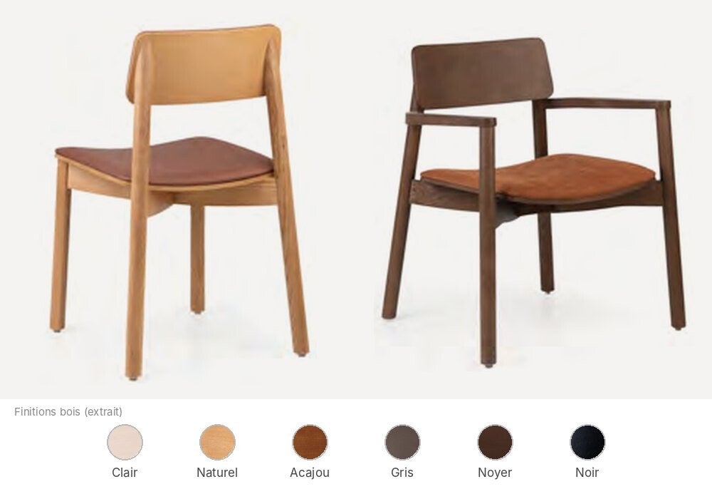 Chaise et fauteuil de restaurant Fenabel Mine, style scandinave bois et cuir