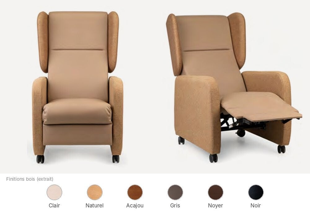 Fauteuil relax Fenabel Sagres pour EHPAD, repose-jambes et roulettes