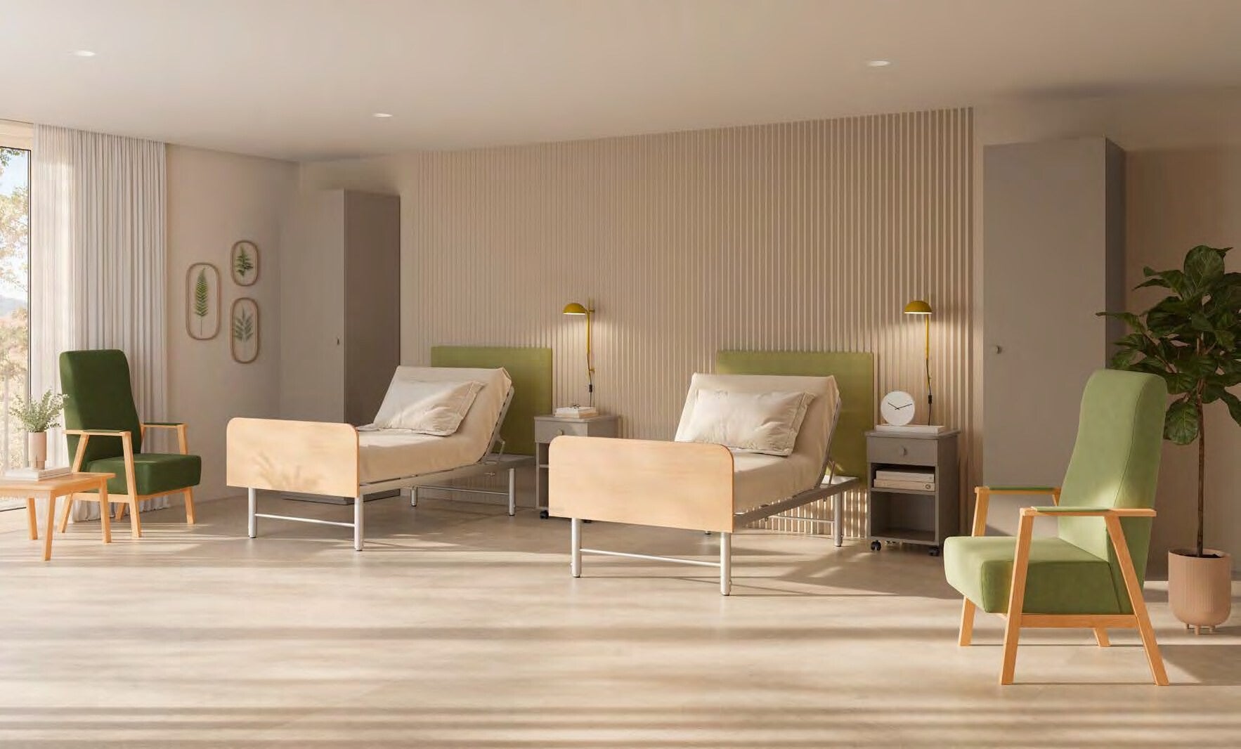 Chambre double d'EHPAD avec deux lits médicalisés et fauteuils