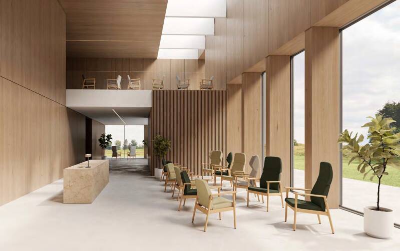 Hall d'EHPAD rénové avec fauteuils