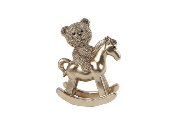 Sculptuur "Teddybeer Hobbelpaard" glinster goud polystone 9x4x11cm