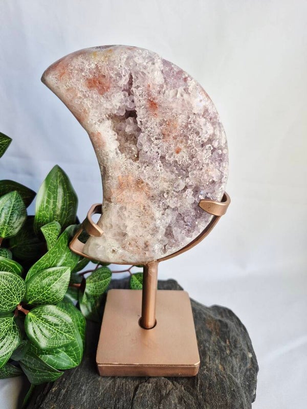 Chalcedoon roze (Amethist) maan op roze roterende standaard