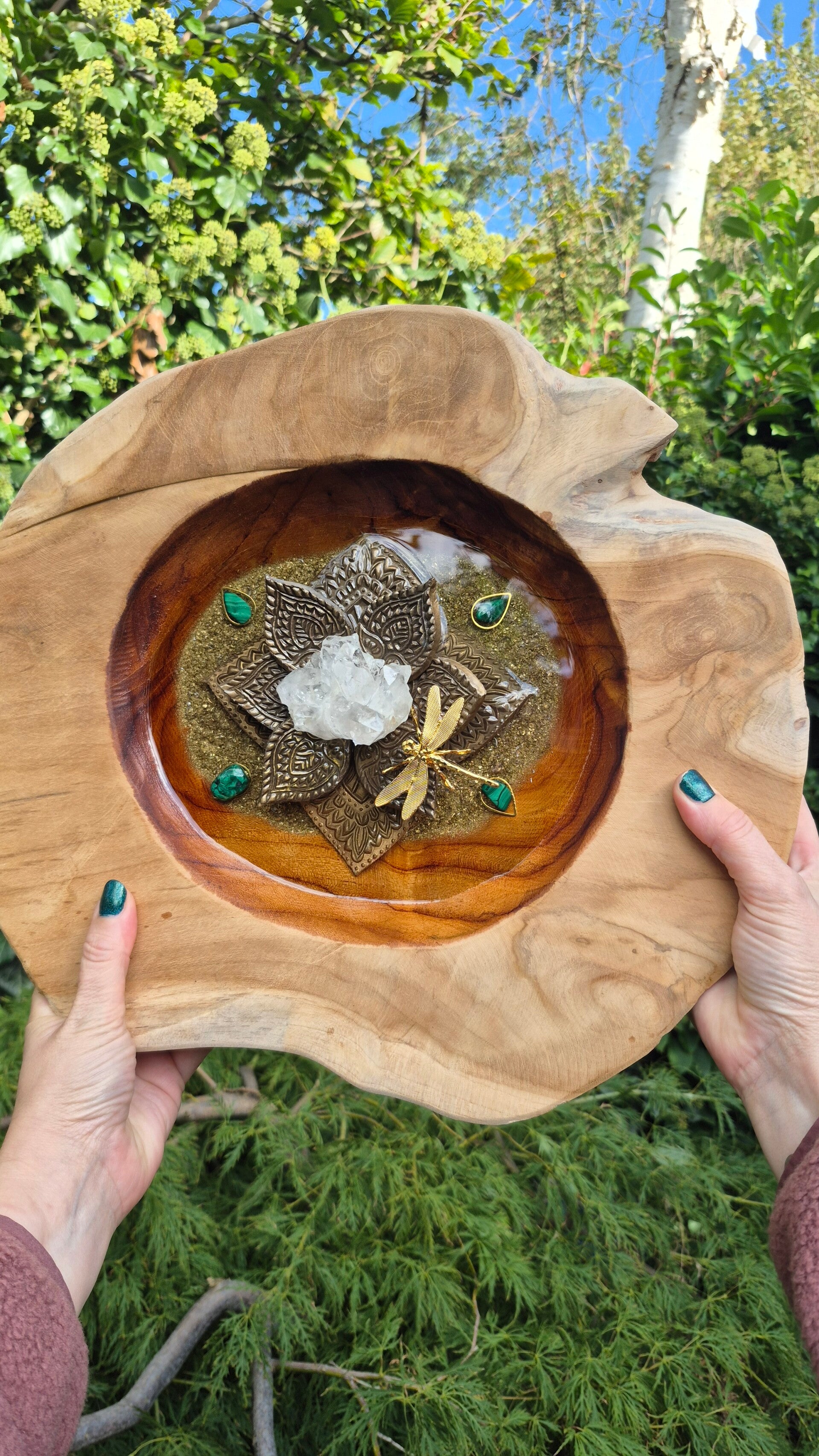 Teak houten krachtschaal groot Resin Art & Gems "Transformatie"