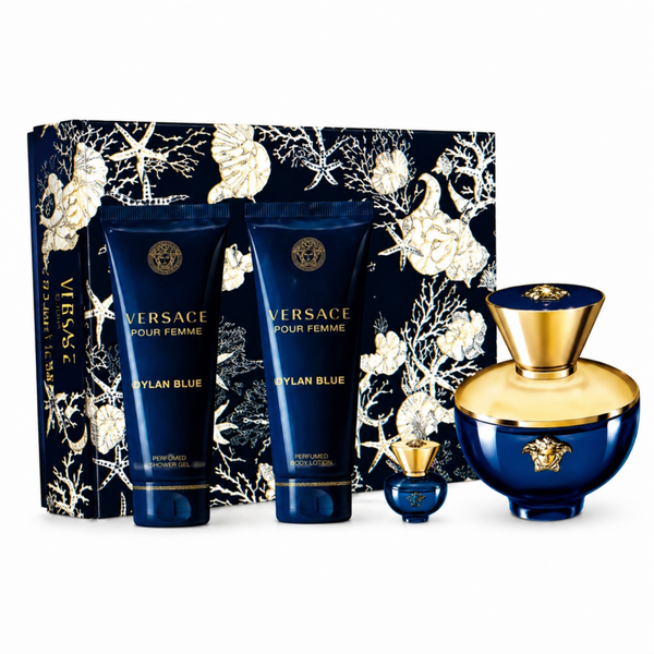 VERSACE DYLAN BLUE PF (W) (H/B) 4PC SET (3.4OZ EDP SP, 3.4OZ BL, 3.4OZ SG, 5ML MINI SPL)