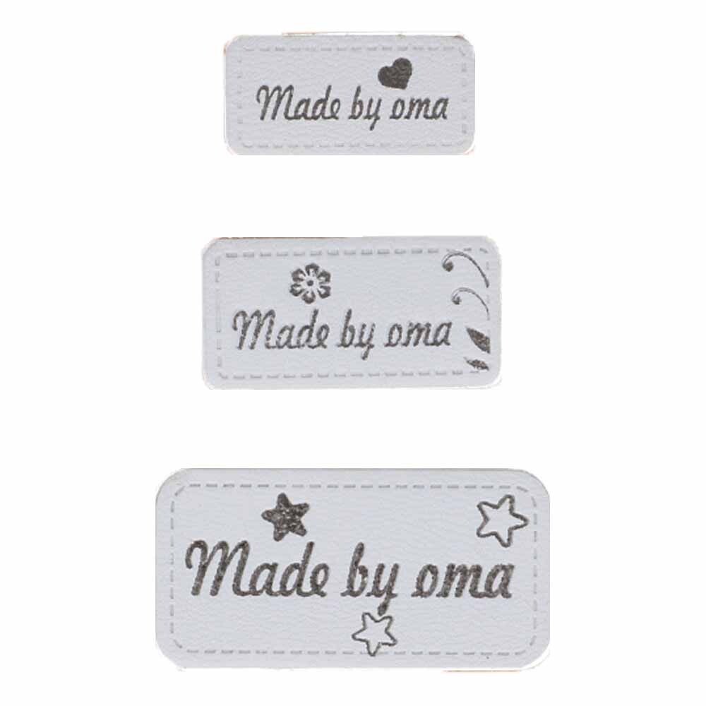 Setje labels 'Made by oma' in grijs, goud, roze, groen en bruin