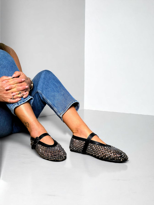 Luna – Zwarte Mary Jane Flats met Steentjes