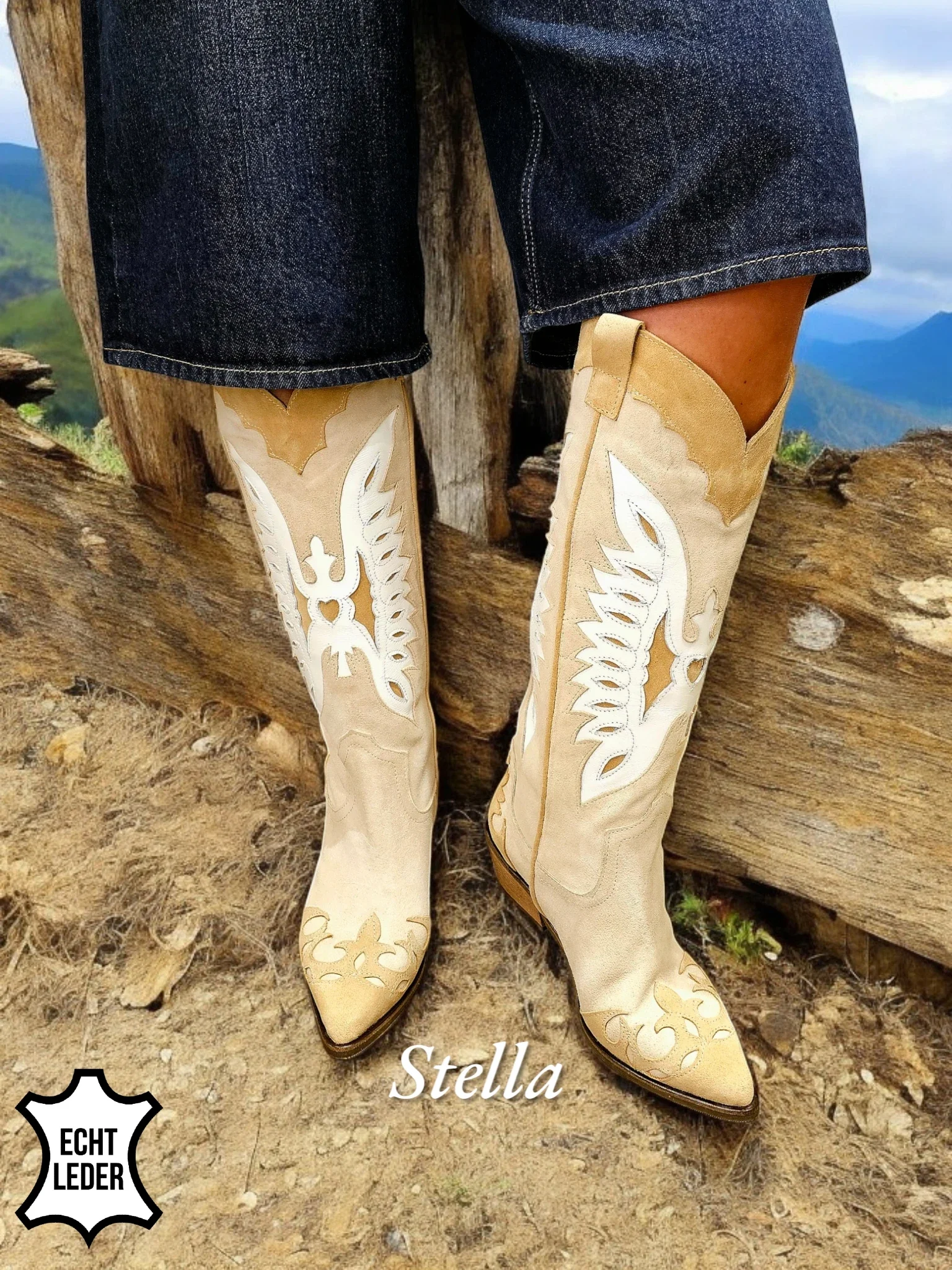 Stella – Zandkleurige suède leren westernlaars met stiksels en lage hak