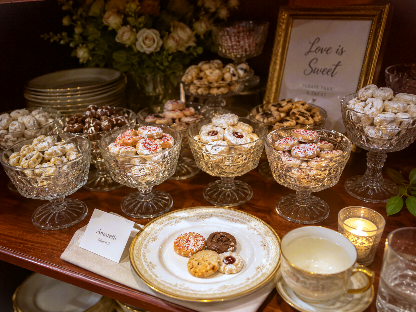 Elegant cookie table filled with homemade cookies